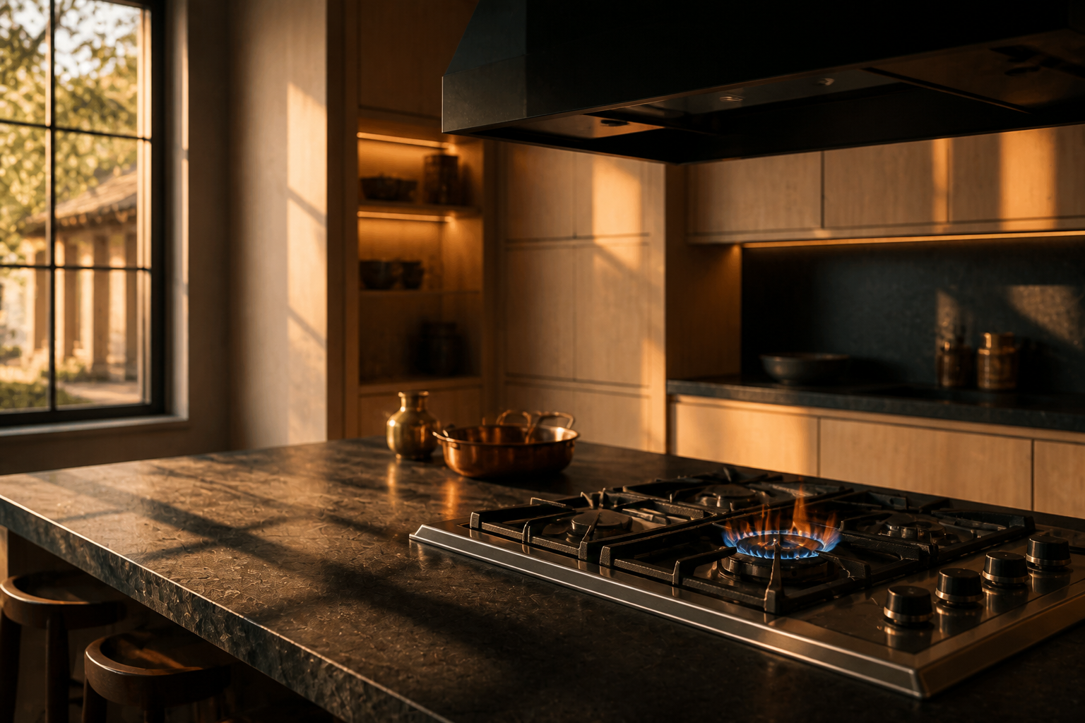 A gas hob lit on a dark stone kitchen island at golden hour